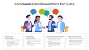 Illustration of four professionals discussing from interpersonal to public communication with placeholder captions below.