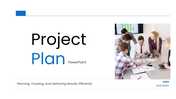 Project plan slides with blue theme, charts, timelines, and clear text sections for planning, tracking, and execution.