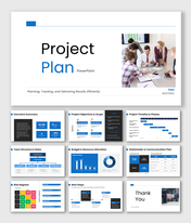 Project plan slides with blue theme, charts, timelines, and clear text sections for planning, tracking, and execution.