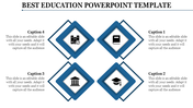 Creative slide for education with four diamond-shaped icons in blue, featuring educational icons each with a caption. 