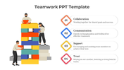 PowerPoint template illustrating teamwork with figures assembling blocks and four key elements from collaboration to trust.