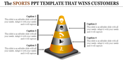 Sports PowerPoint template featuring a funnel with icons representing various sports activities, along with sections.