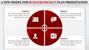 A central red circle divided into four sections, each containing business icons and text placeholders around the edges.