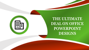 Office template with flowing red and green curved shapes, a bold title, and an icon of a building on the left.