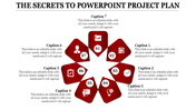 Project plan slide with seven red pentagon shapes arranged in a circular pattern, each containing icons and captions.