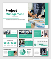 The Project Management PPT template with green theme, planning icons, charts, and project workflow diagrams.