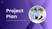 Project Plan Presentation with purple theme, team image, timeline shapes, icons, and clean text layout design.