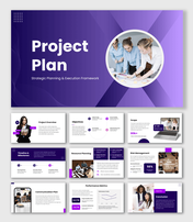 Project Plan Presentation with purple theme, team image, timeline shapes, icons, and clean text layout design.