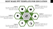 Educational-themed hexagonal diagram with a central gray hexagon and six green hexagons containing icons.