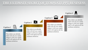 Slide showcasing captions, business icons, and a clean, modern design in blue, gold, red, and gray.