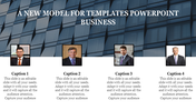 Business PowerPoint slide featuring four business professionals with captions.