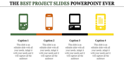 A colorful project slide with icons representing various devices, including a game console, smartphone, laptop, and tablet.
