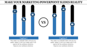 Two-column comparison graphic for marketing with vertical blue, black bars, circular icons, and placeholders text areas.