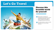 Travel themed image with a woman on a suitcase atop a globe, featuring landmarks like Big Ben, palm trees, and airplanes.