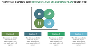 Business and marketing template with four overlapping circles, featuring icons, and captions in green and blue tones.