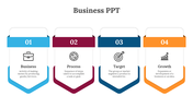 Four step business infographic with numbered banners featuring icons for business, process, target, and growth concepts.