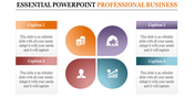 Professional business PowerPoint template with four sections finance, customer service, HR, and growth with captions.
