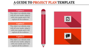 Slide layout featuring three text boxes in red and orange shades on the left and two icon blocks with a central pencil.