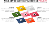 Colorful grid project layout featuring icons for presentation, checklist, and communication, with captions areas.