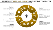 Marketing PowerPoint template with seven sections arranged in a circular flow, each with a distinct icon and captions.