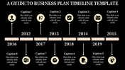Business plan timeline with years 2012 to 2019, connected by a horizontal bar, featuring icons and captions areas.