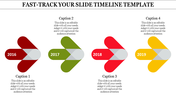 Horizontal timeline with four colorful arrow-shaped nodes labeled 2016 to 2019 in red, green, red, and yellow.