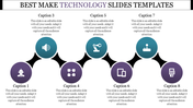 Horizontal flowchart design featuring connected circles with technology-related icons and placeholder text areas.