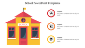 School themed PowerPoint template showing a colorful school building with three icons and captions.