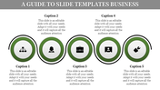 Horizontal business slide with five circular green icons and placeholder text for captions areas 1 to 5.