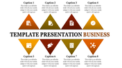 Business PowerPoint slide featuring eight sections with icons and captions.