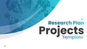 Project presentation PPT template with research plan slides covering timeline, budget, risks, and outcomes