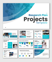 Project presentation PPT template with research plan slides covering timeline, budget, risks, and outcomes