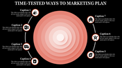 Circular infographic with peach gradient concentric rings surrounded by seven captions with icons, on a dark backdrop.