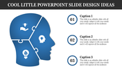 Blue puzzle piece head graphic with light bulb icons and three numbered captions for slide design ideas.