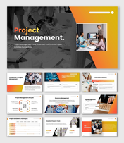 Project Management PowerPoint with multicolor gradient theme, lifecycle diagrams, charts, and workflow icons