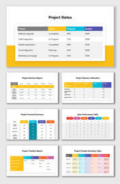 Project status dashboard showing progress, budgets, resources, sales, timelines, and performance summary tables insights.