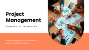 The Project Management PowerPoint with modern orange color theme, charts, planning icons, and workflow diagrams.