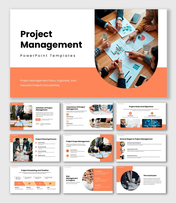 The Project Management PowerPoint with modern orange color theme, charts, planning icons, and workflow diagrams.