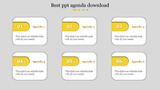 Agenda PowerPoint template with six rounded rectangular boxes, each with yellow numbered sections and placeholder text.