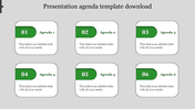 Agenda layout with six rounded rectangles labeled 01 to 06, each featuring a green header and white body for content.