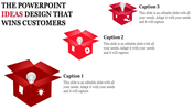 Three red boxes ideas design with glowing light bulbs and white icons, arranged in a triangular layout with captions.