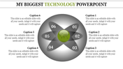 Technology PowerPoint template featuring six sections, with a globe in the center and numbered captions around it.