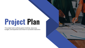 Project plan presentation template with professional slides for goals, timeline, budget, risks, ROI