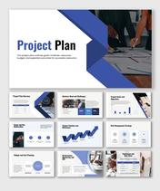 Project plan presentation template with professional slides for goals, timeline, budget, risks, ROI