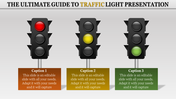 Slide showing three traffic lights, each with one light glowing in red, yellow, and green, and corresponding captions below.