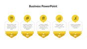Horizontal business process flow with five yellow steps, each showing icons for work, process, target, growth, and success.