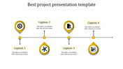 Project timeline template featuring four yellow markers with unique symbols, spaced across a black line with caption areas.