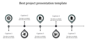 Linear project timeline featuring five gray drop-shaped markers with icons and caption areas for various steps.