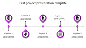Purple themed project layout with five teardrop shaped markers, on a horizontal line showing steps and icons.