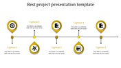 Timeline with five yellow icons in circular shapes  connected by a black line, each with a placeholder text areas.